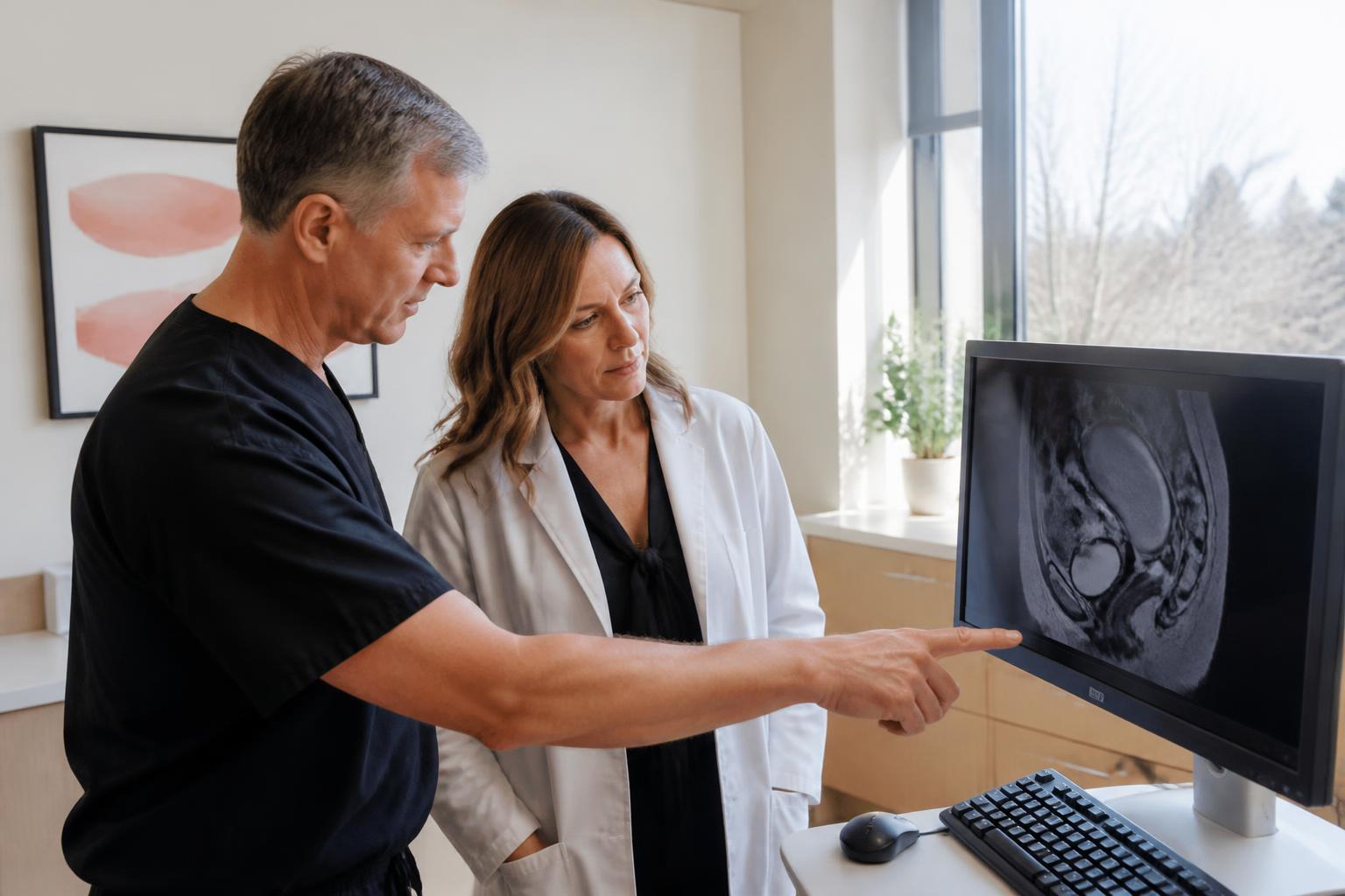 Two physicians reviewing clinical imaging together